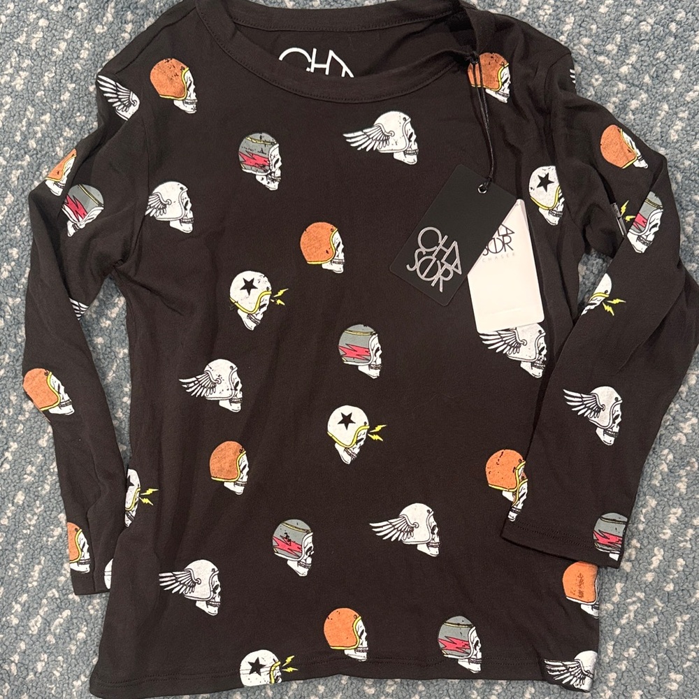 Chaser Black Long Sleeve Tee with Colorful Helmet & Winged Skull Print